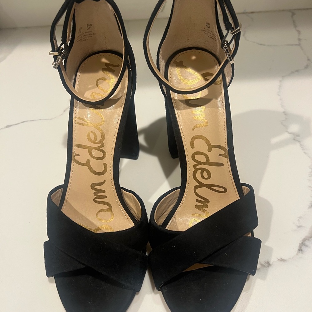 Sam Edelman Black Strappy Block Heel Suede Sandals Size 7